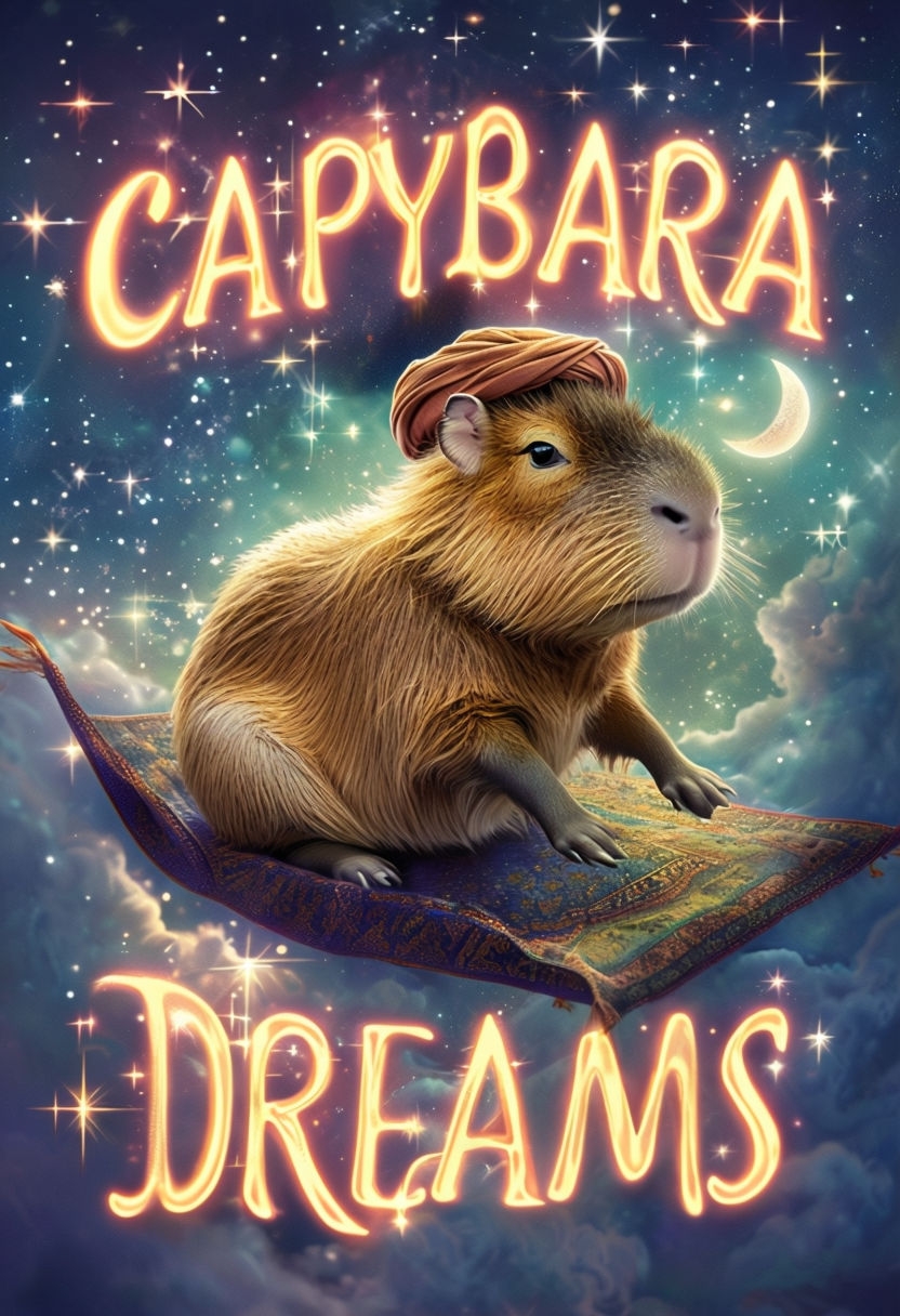 Capybara Dreams on Magical Carpet in Starry Night Poster