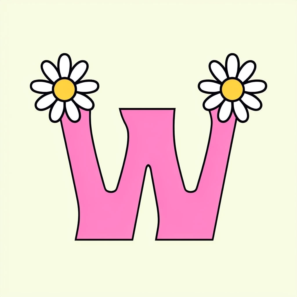 Whimsical Minimalist Pink W Monogram with Daisy Accents Design Monogram