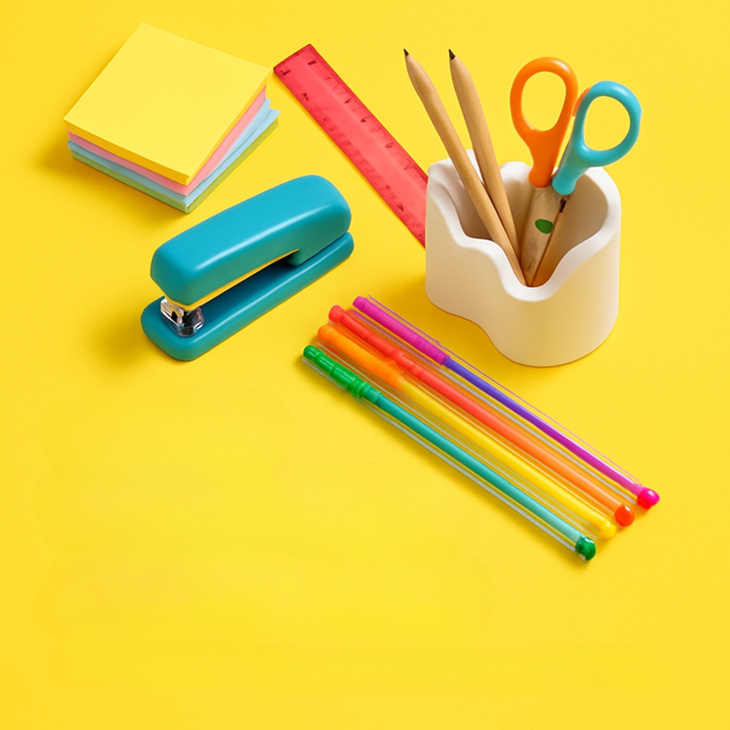 Vibrant Office Supplies Still Life on Bright Yellow Background Poster