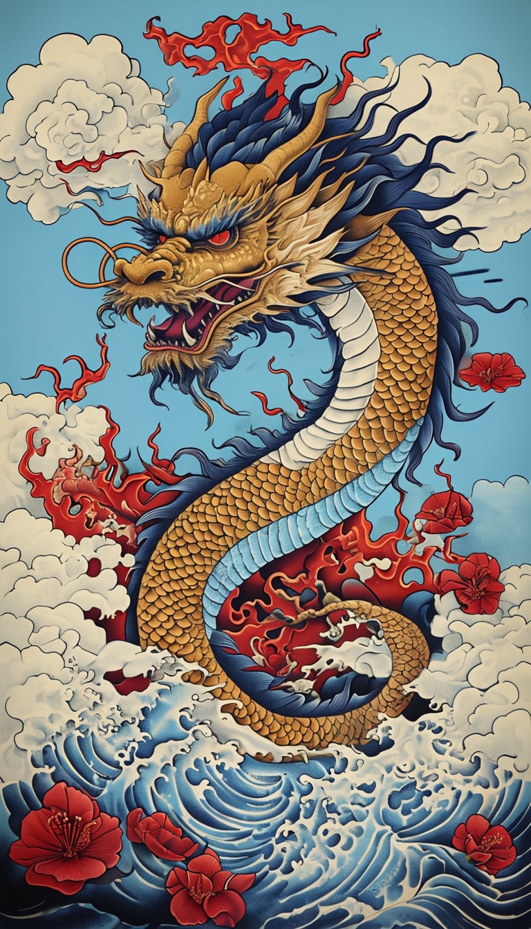 Majestic Dragon Traditional Tattoo Art with Floral Elements Mobile Wallpaper
