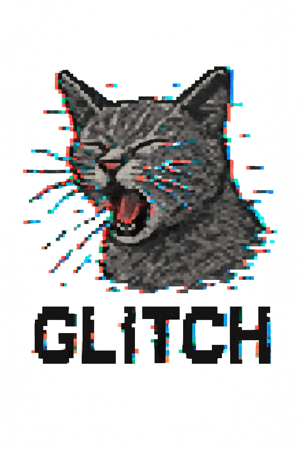 Glitch Art Cat Head with Pixelated Text T-Shirt