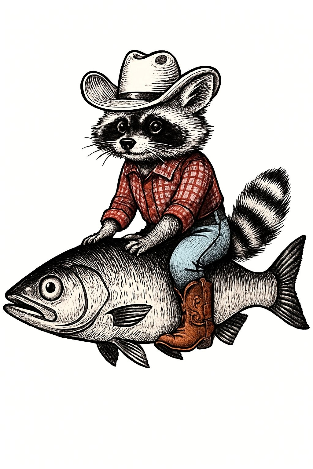 Whimsical Cowboy Raccoon Riding Fish Illustration T-Shirt