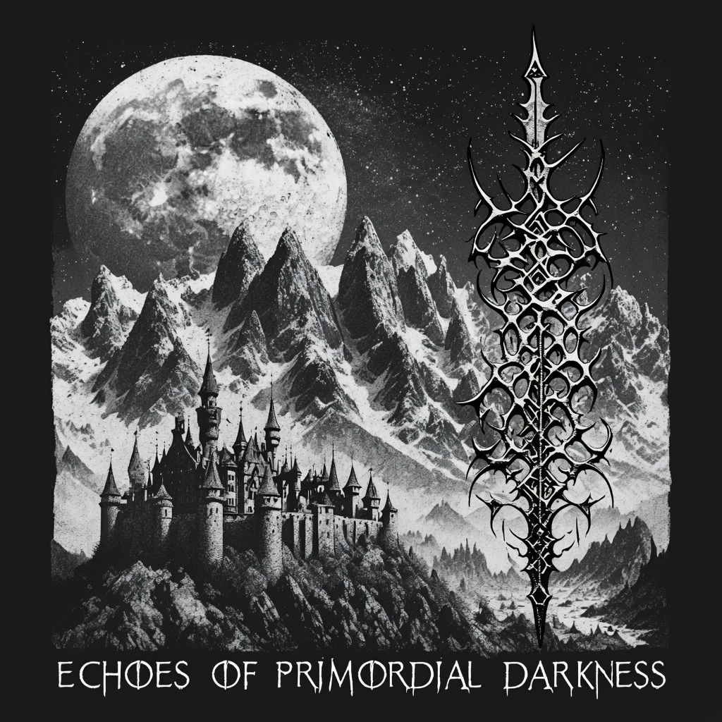 Dark Monochromatic Fantasy Landscape with Gothic Logo Album Cover