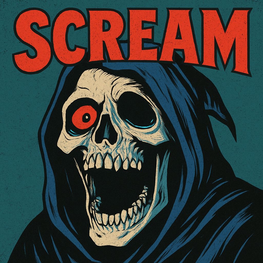 Haunting Skeletal Figure with SCREAM Text Vintage Horror Cover Spotify Album Cover