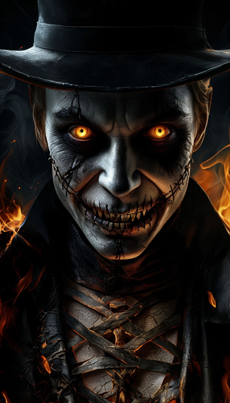 Sinister Dark Fantasy Character with Glowing Eyes Mobile Wallpaper