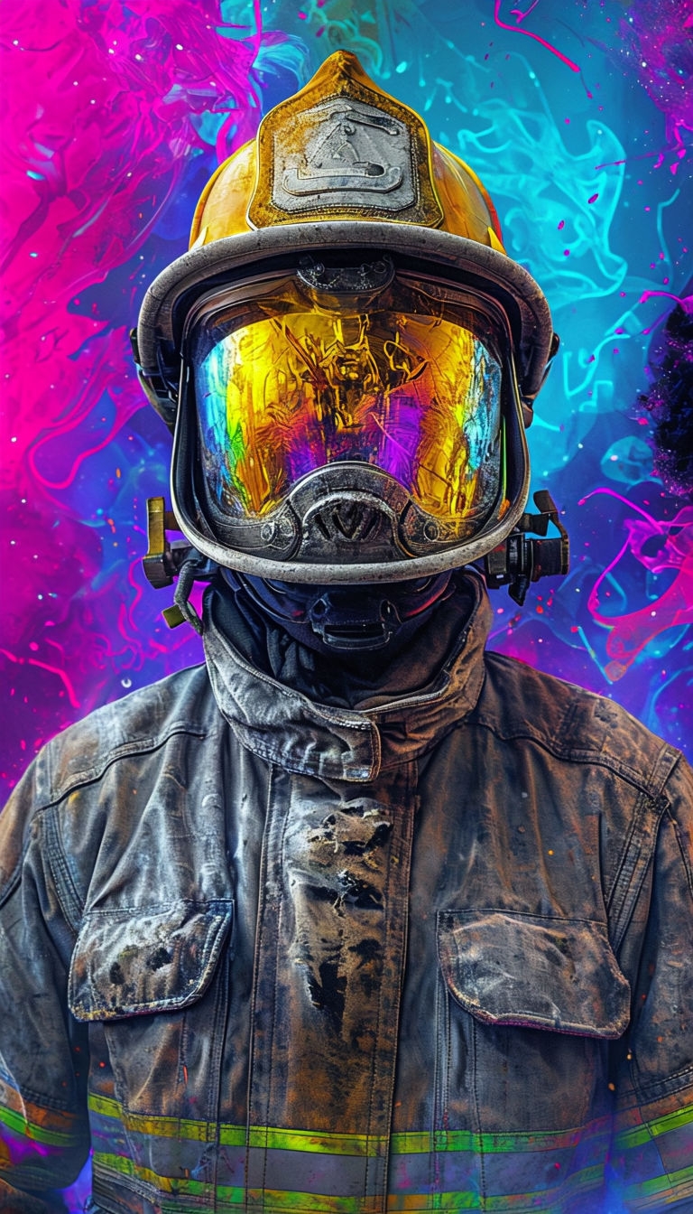 Futuristic Fireman in Vibrant Neon Space Art Poster