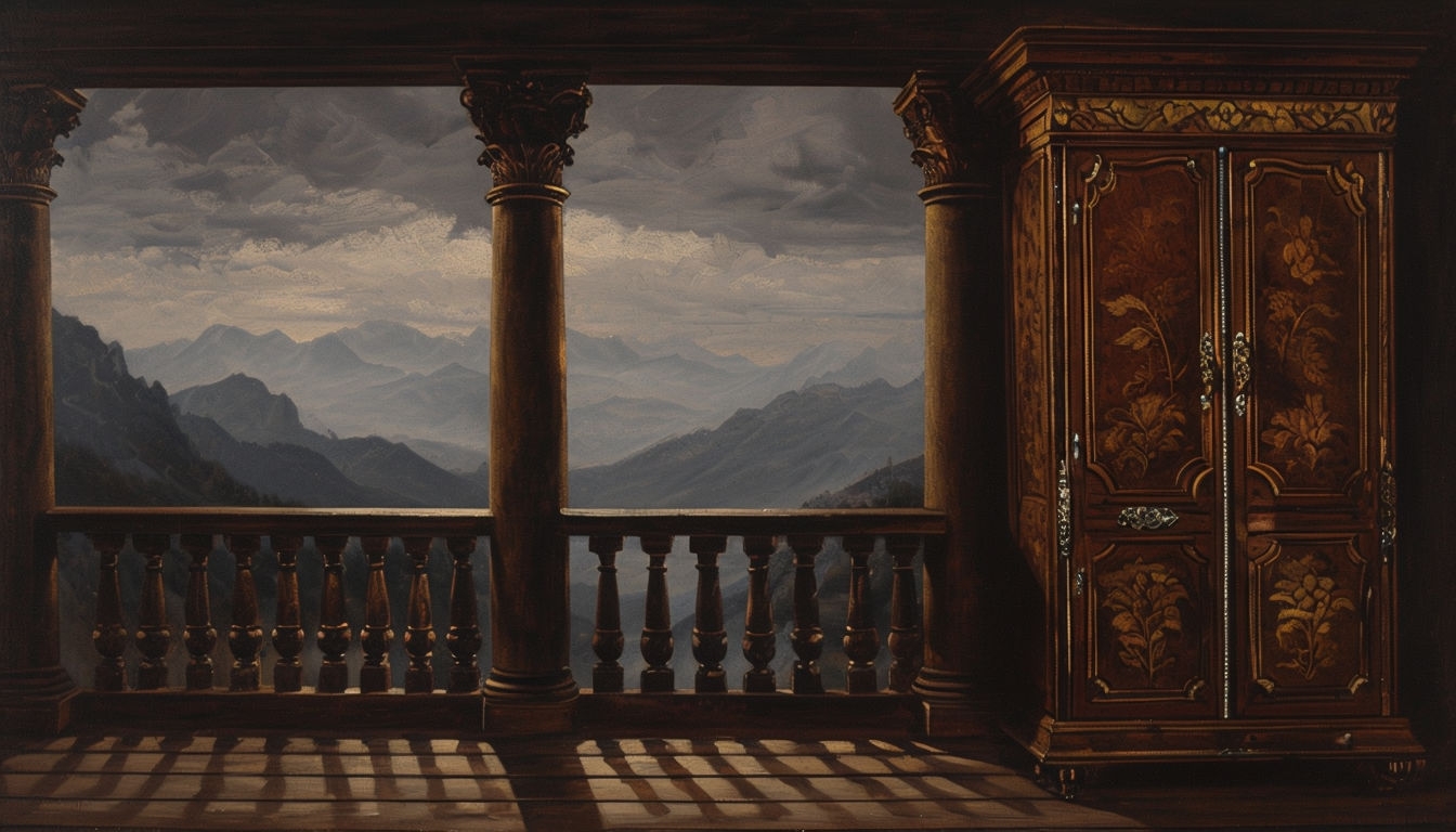 Elegant Balcony Scene with Mountain Landscape Virtual Background