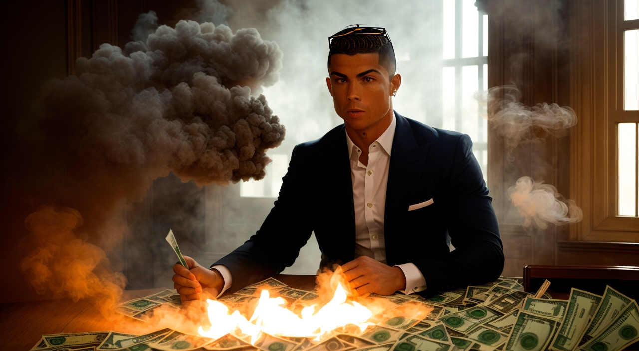 Cristiano ronaldo in a room with smoke and dollar bills flyi&mldr; by Luke