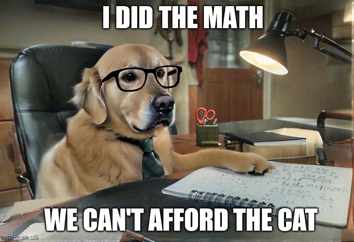 Intellectual Golden Retriever in Office with Humorous Meme Text