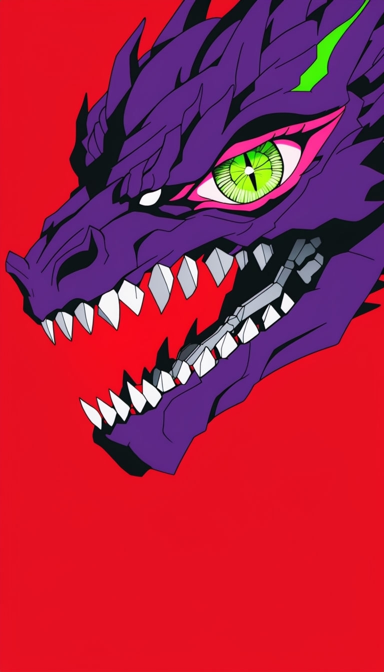 Intense Anime Dragon Creature Close-Up on Vivid Red Background Mobile Wallpaper