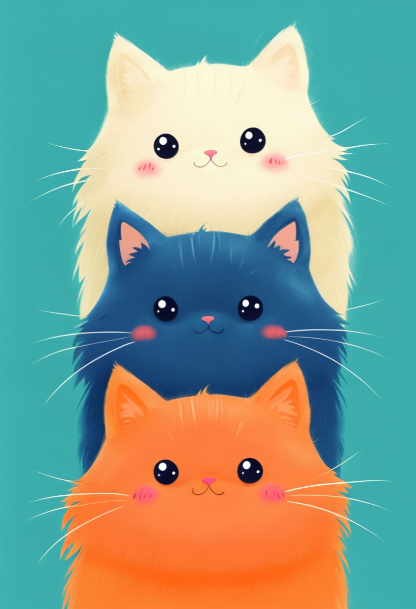 Cute Whimsical Cartoon Cats Stacked Illustration Art