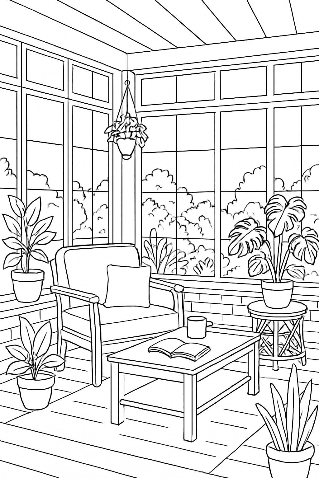 Cozy Sunroom Line Drawing for Relaxing Coloring Book Pages