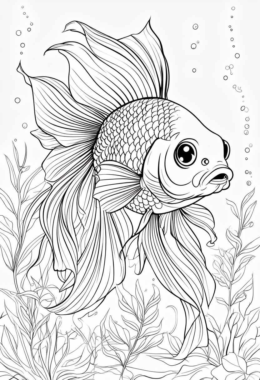 Detailed Cartoon Goldfish with Aquatic Plants Coloring Page