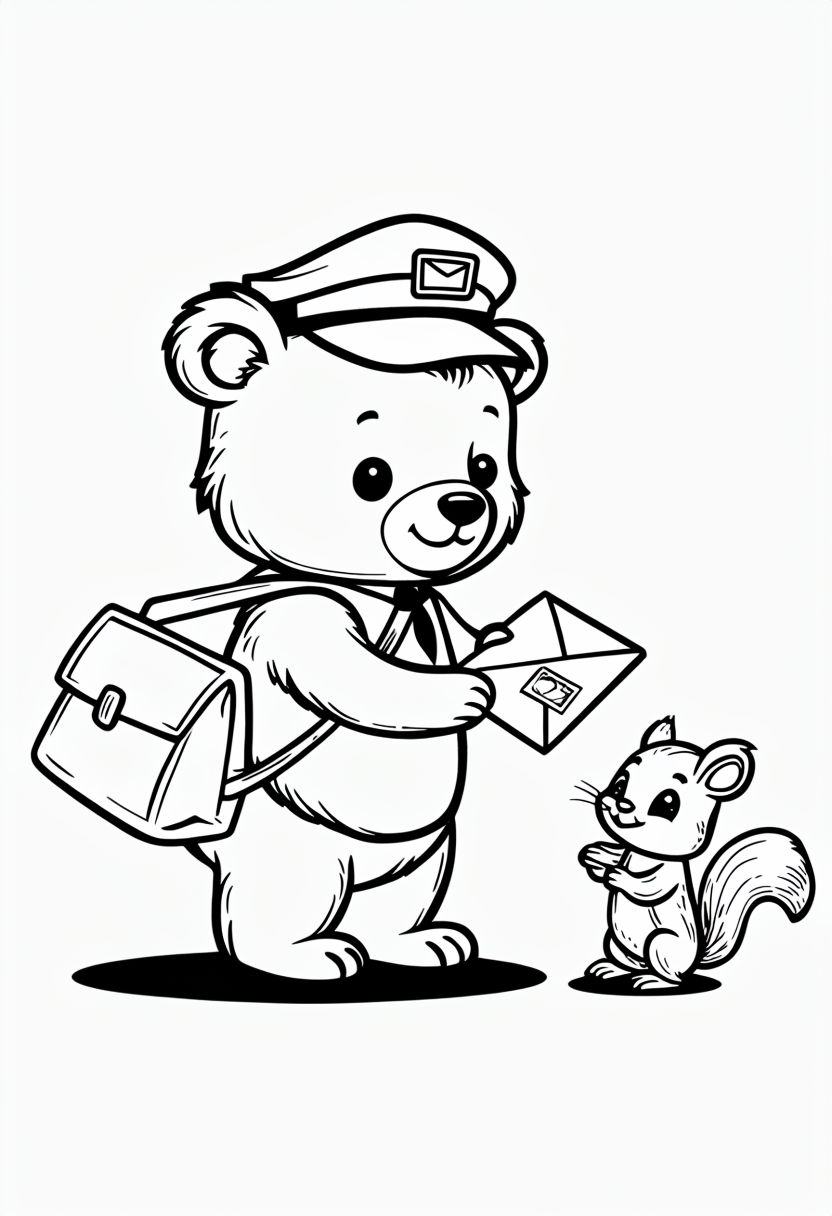 Friendly Bear Mail Carrier with Squirrel and Mailbox Coloring Book Pages