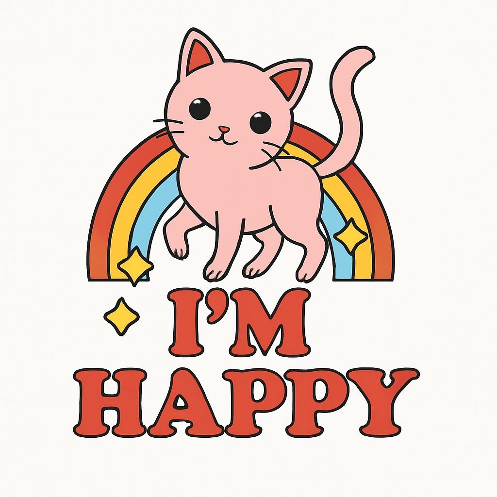 Cute Pink Cat with Rainbow and I'm Happy Text Sticker