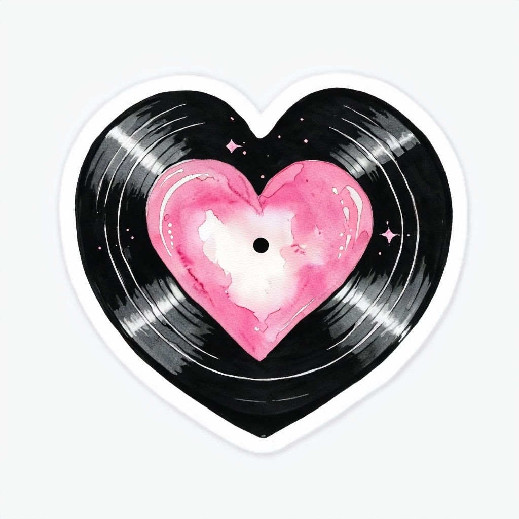 Heart-Shaped Vinyl Record with Watercolor Design Sticker