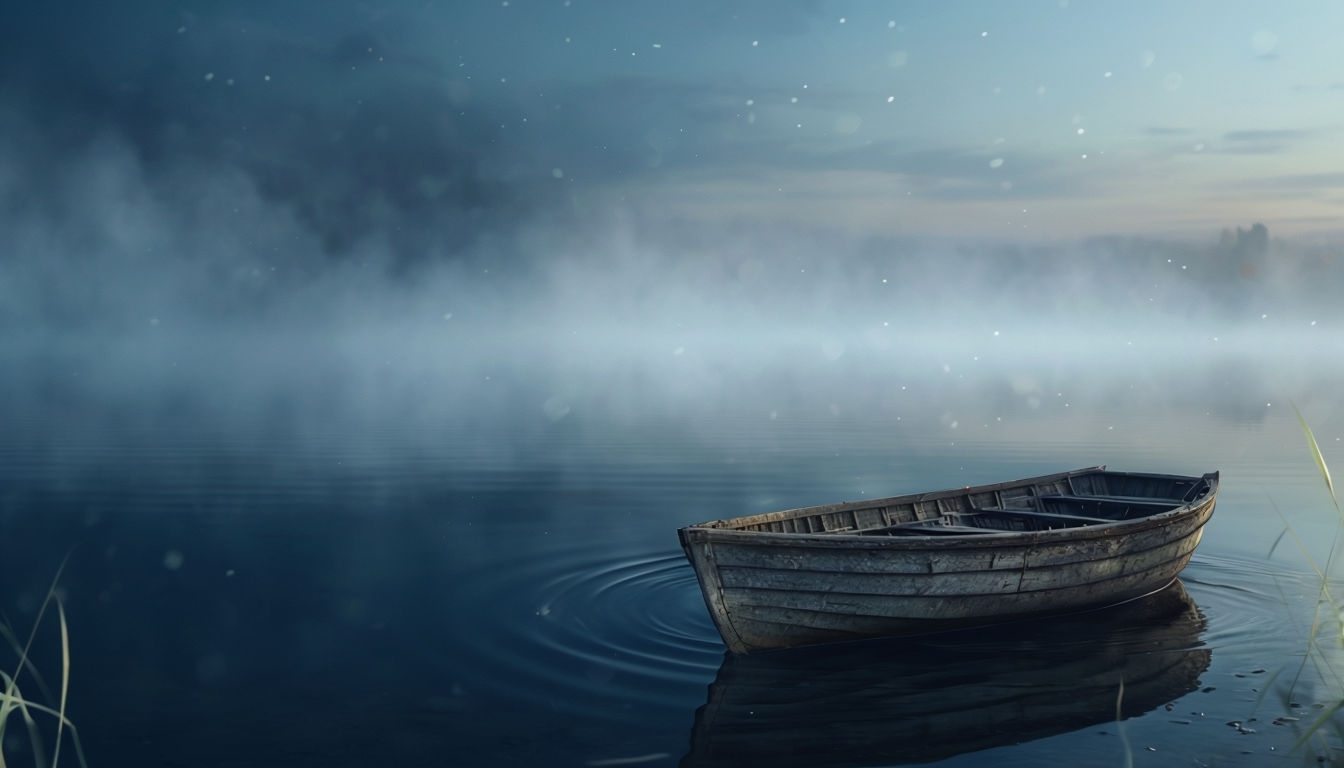 Serene Photorealistic Lake with Ancient Rowboat Virtual Background
