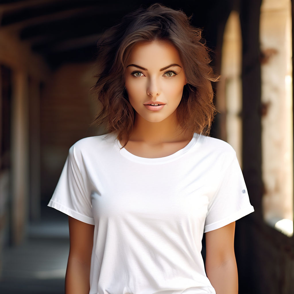 a sexy woman in tight-fitting a white t-shirt