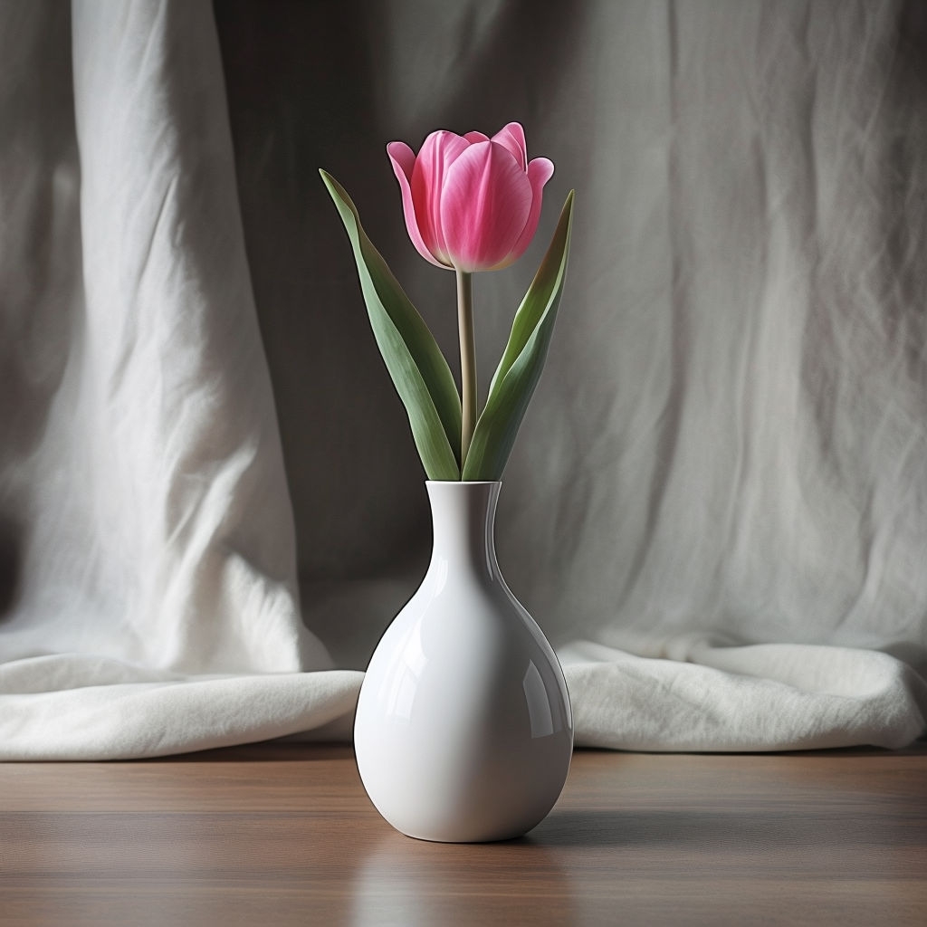 Elegant White Ceramic Vase with Pink Tulip Still Life Mockup