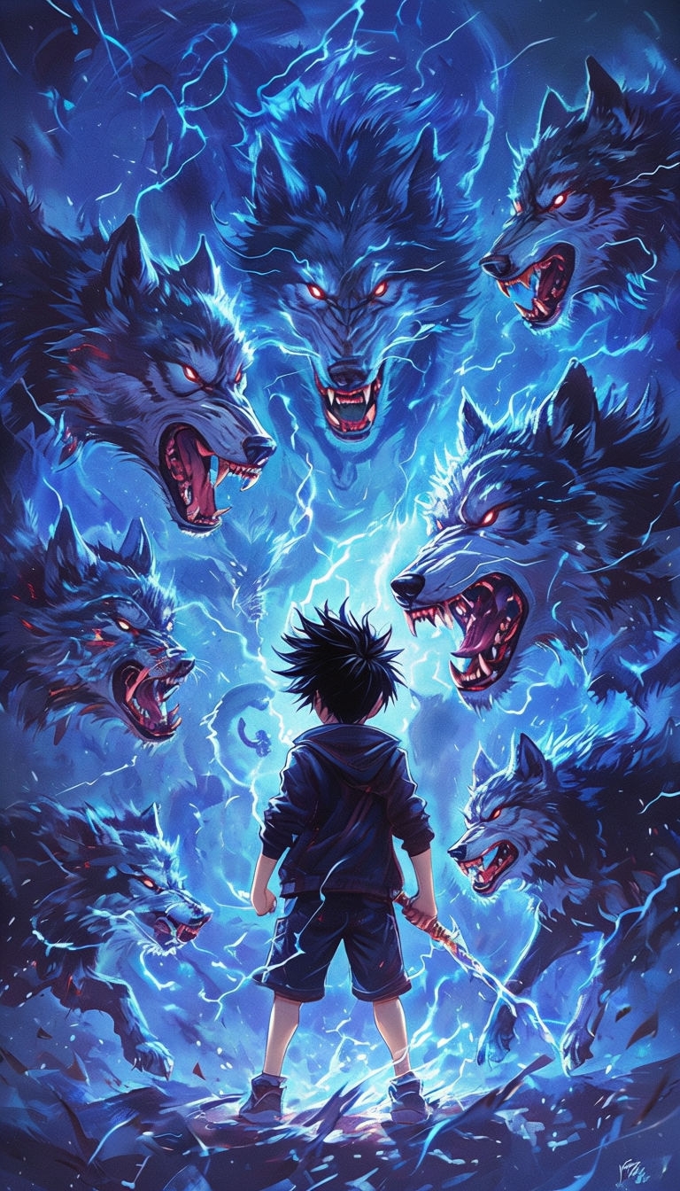 Intense Heroic Confrontation with Ethereal Wolves Illustration Art