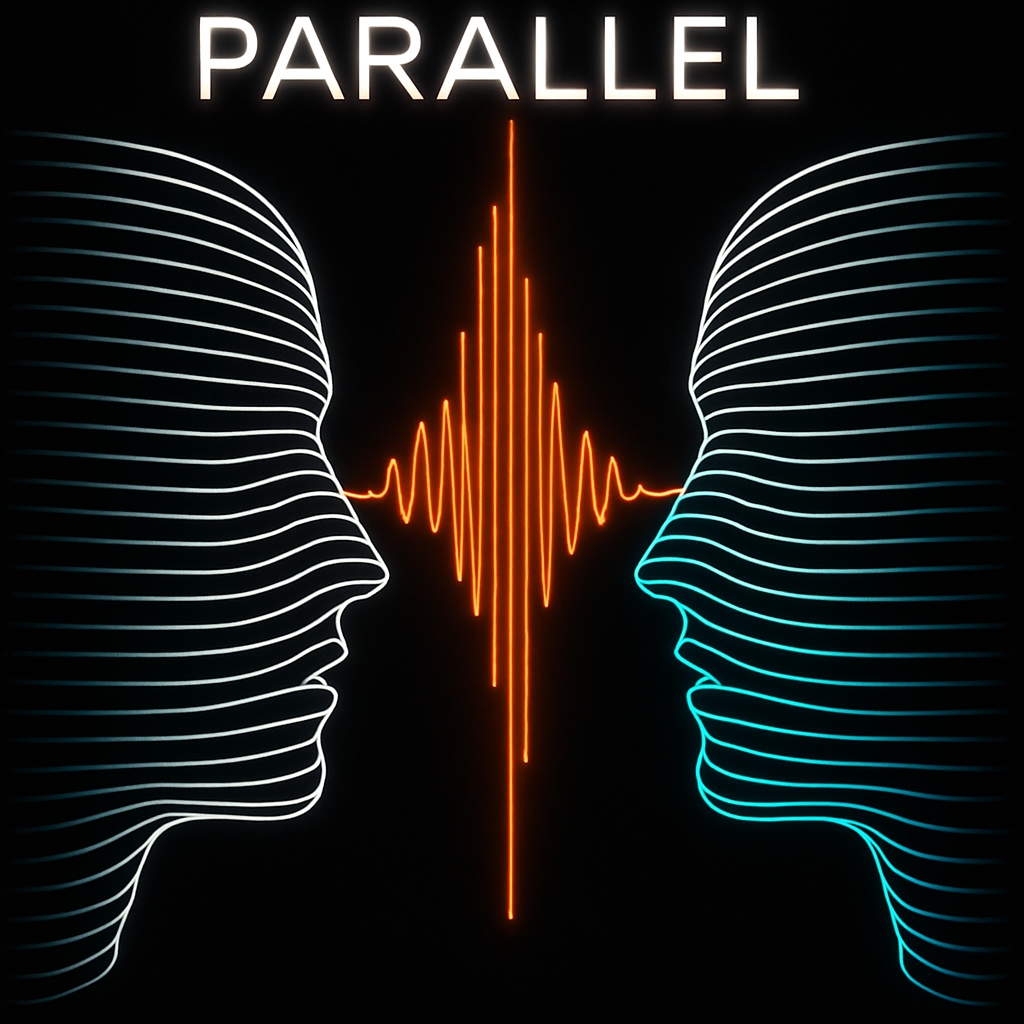 Futuristic Abstract Parallel Faces with Neon Waveform Album Cover
