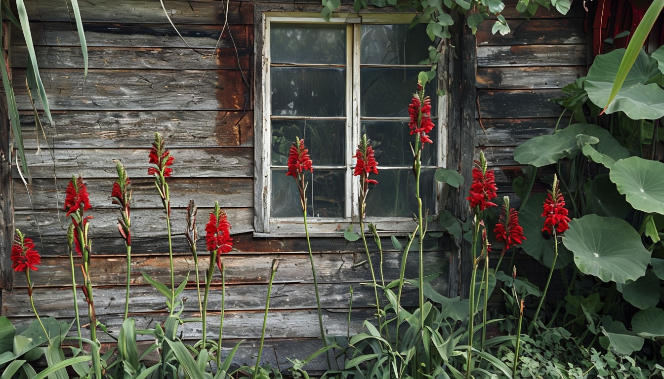 Weathered Wooden Building with Vibrant Red Flowers Background