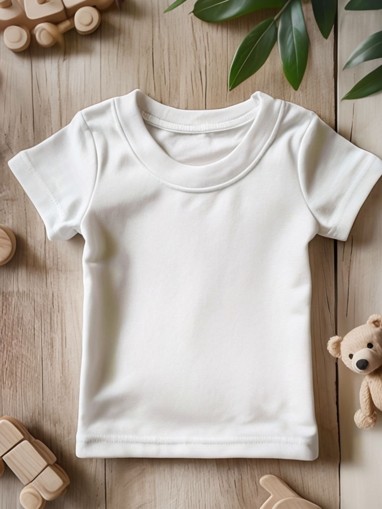 Minimalist Child T-Shirt on Wooden Table Photography Mockup