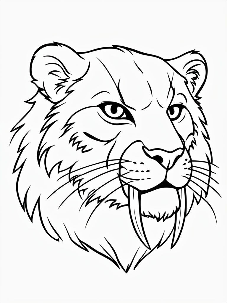 Cartoon Saber-Toothed Cat Head Black and White Coloring Page