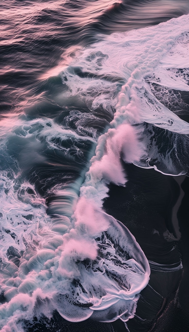 Dramatic Pink Waves on Black Sand Beach Abstract Photography Social Media Post
