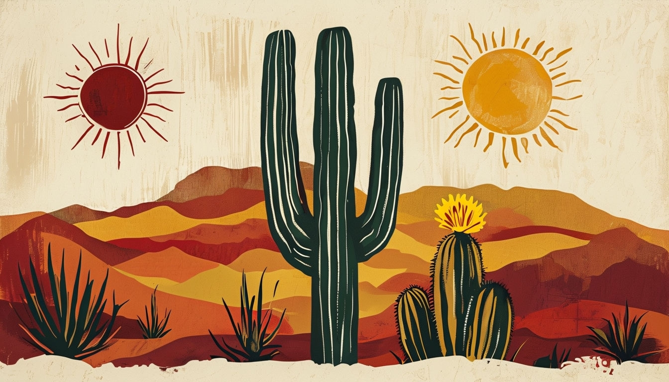 Stylized Mid-Century Modern Desert Cactus Illustration Background