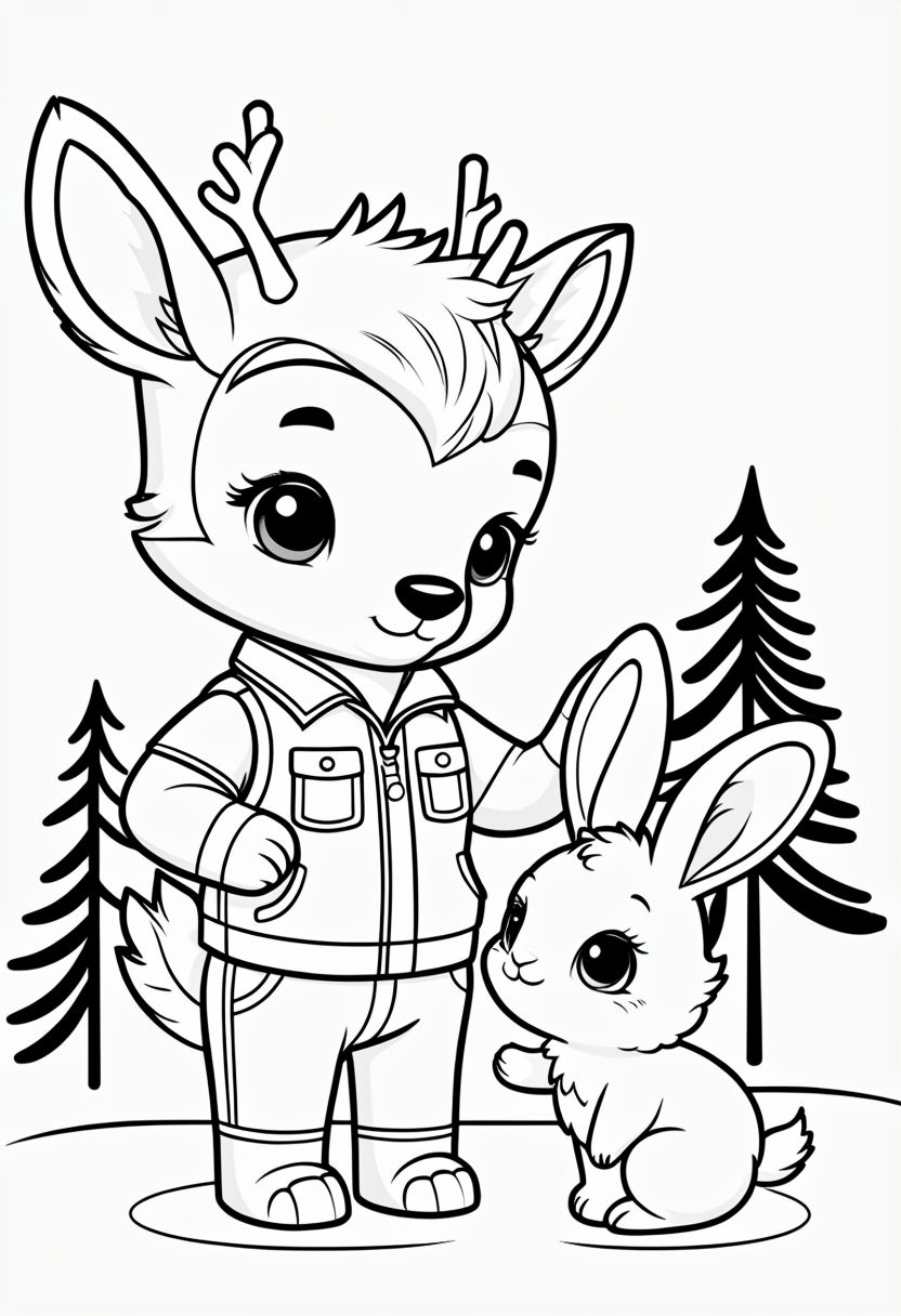 Sweet Deer Ranger Patting Bunny Cartoon Coloring Book Page