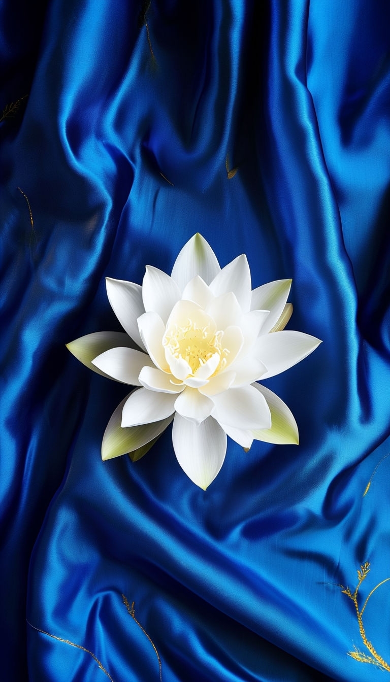 Minimalist White Lotus on Deep Blue Silk Mobile Wallpaper