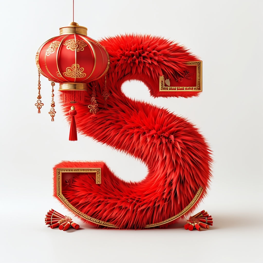 Vibrant Red Fur Letter S with Chinese Lantern Decoration Monogram