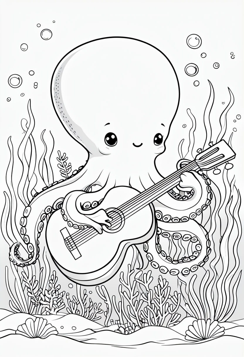 Whimsical Cartoon Octopus Playing Guitar Coloring Book Page