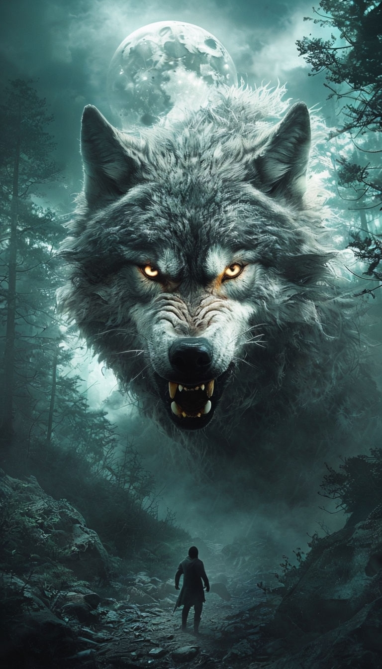 Dramatic Fantasy Wolf in Misty Forest Under Full Moon Art