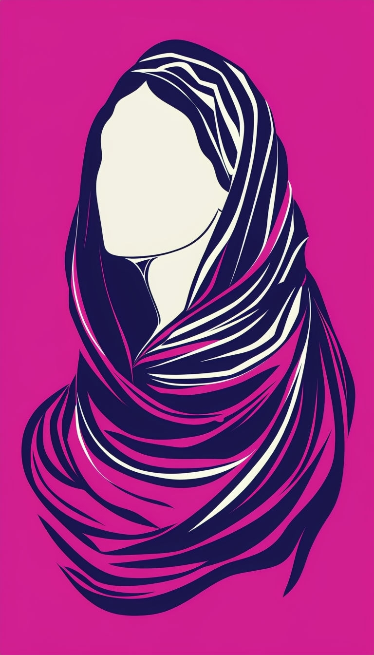 Stylized Figure with Draped Indigo Fabric Against Magenta Background Art