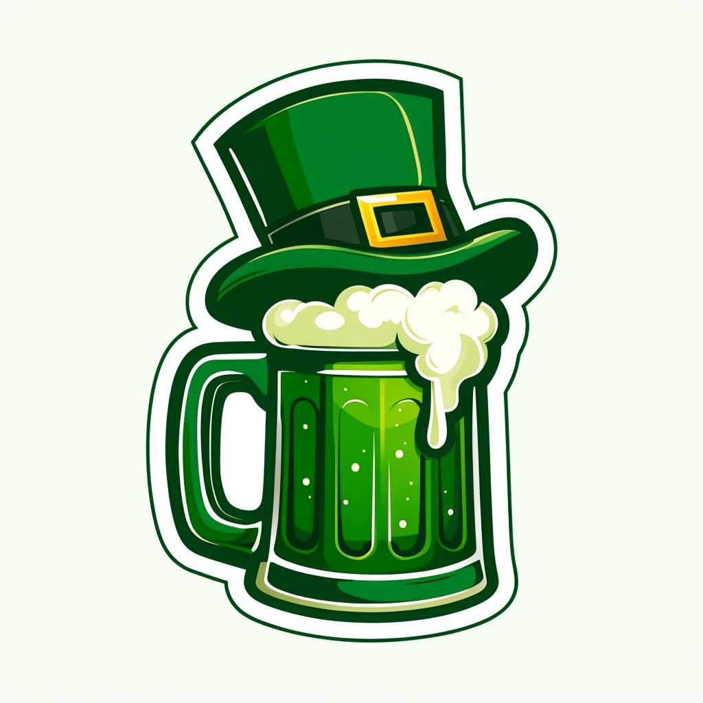 Vibrant Green Beer Mug with Leprechaun Hat Cartoon Sticker