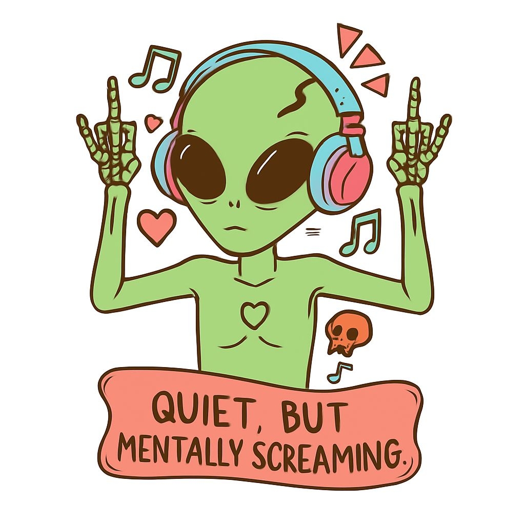 Playful Cartoon Alien with Headphones and Music Elements Sticker