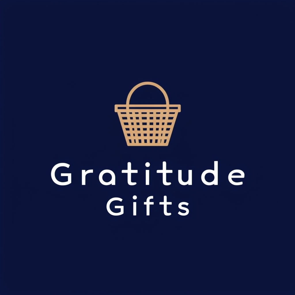 Minimalist Gratitude Gifts Logo with Basket Icon and Navy Background