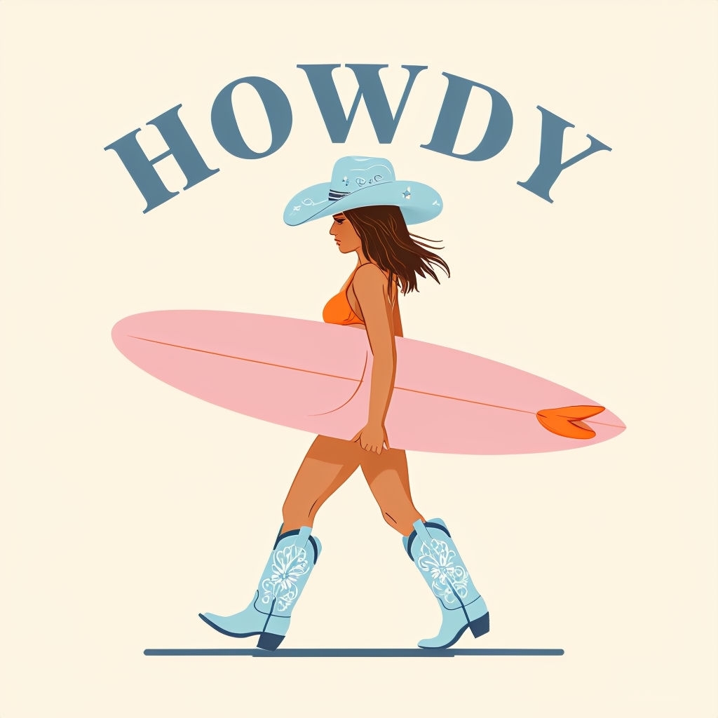 Minimalist Cowboy Woman with Surfboard Illustration T-Shirt