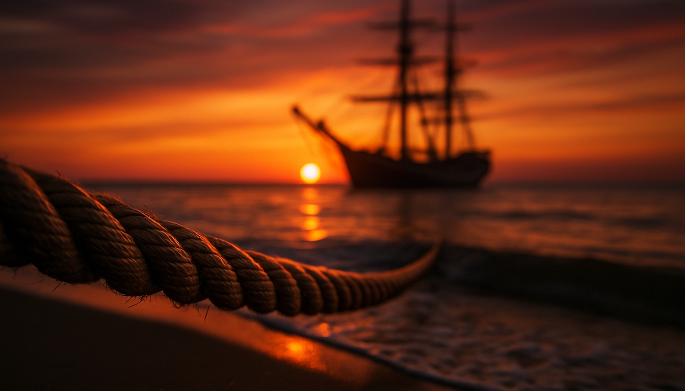 Serene Sunset Beach Scene with Sailing Ship Virtual Background