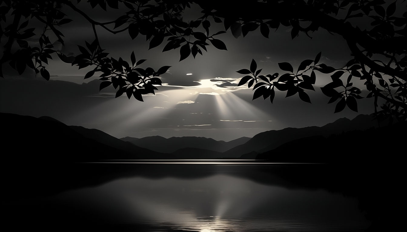 Serene Black and White Lakeside Silhouette Illustration Backgrounds