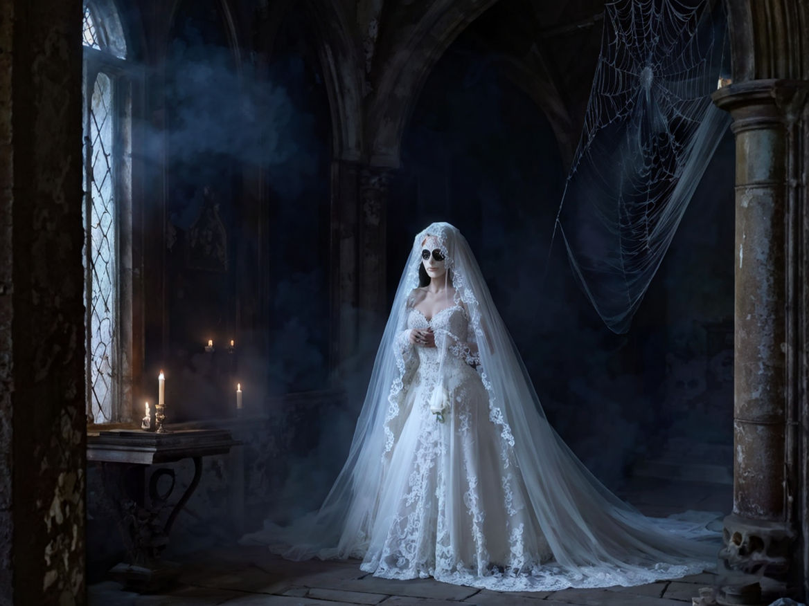 A disturbing image of a ((beautiful gothic goddess)) of death with a wedding  dress\