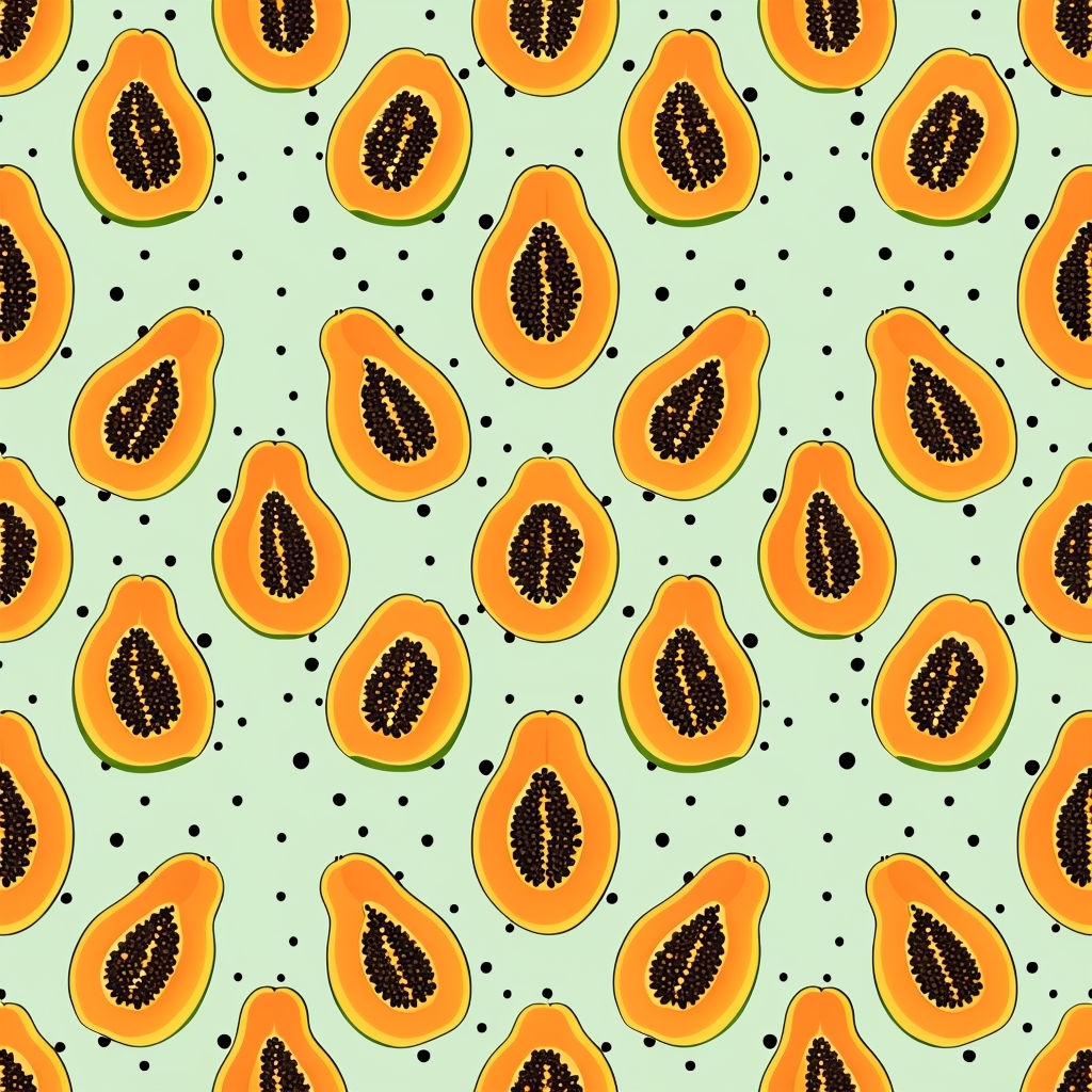 Vibrant Papaya Halves Symmetrical Pattern on Pastel Green Background Seamless Pattern