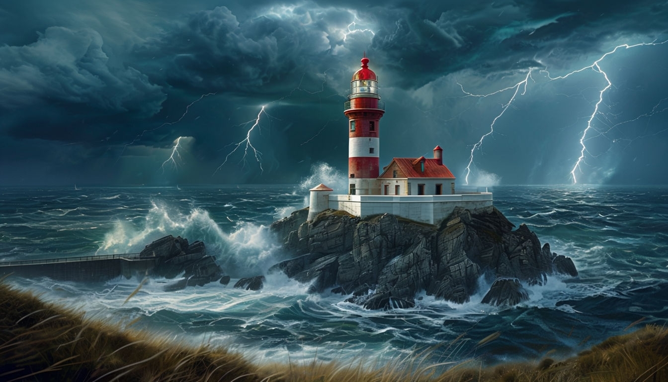 Dramatic Lightning Storm at Sea with Lighthouse Virtual Background