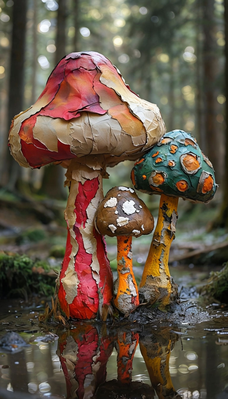 Whimsical Handcrafted Mushroom Sculptures in Enchanting Forest Art