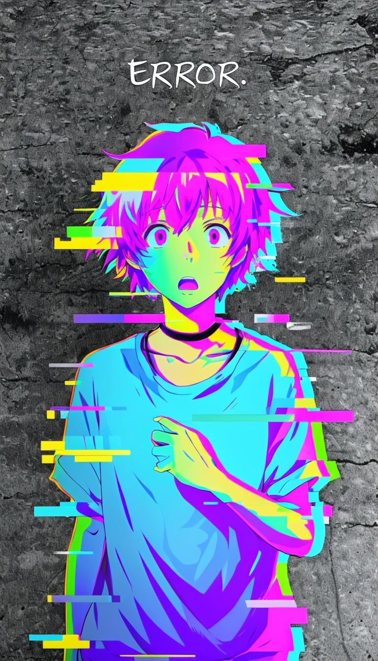 Neon Anime Character with Glitch Effects Mobile Wallpaper