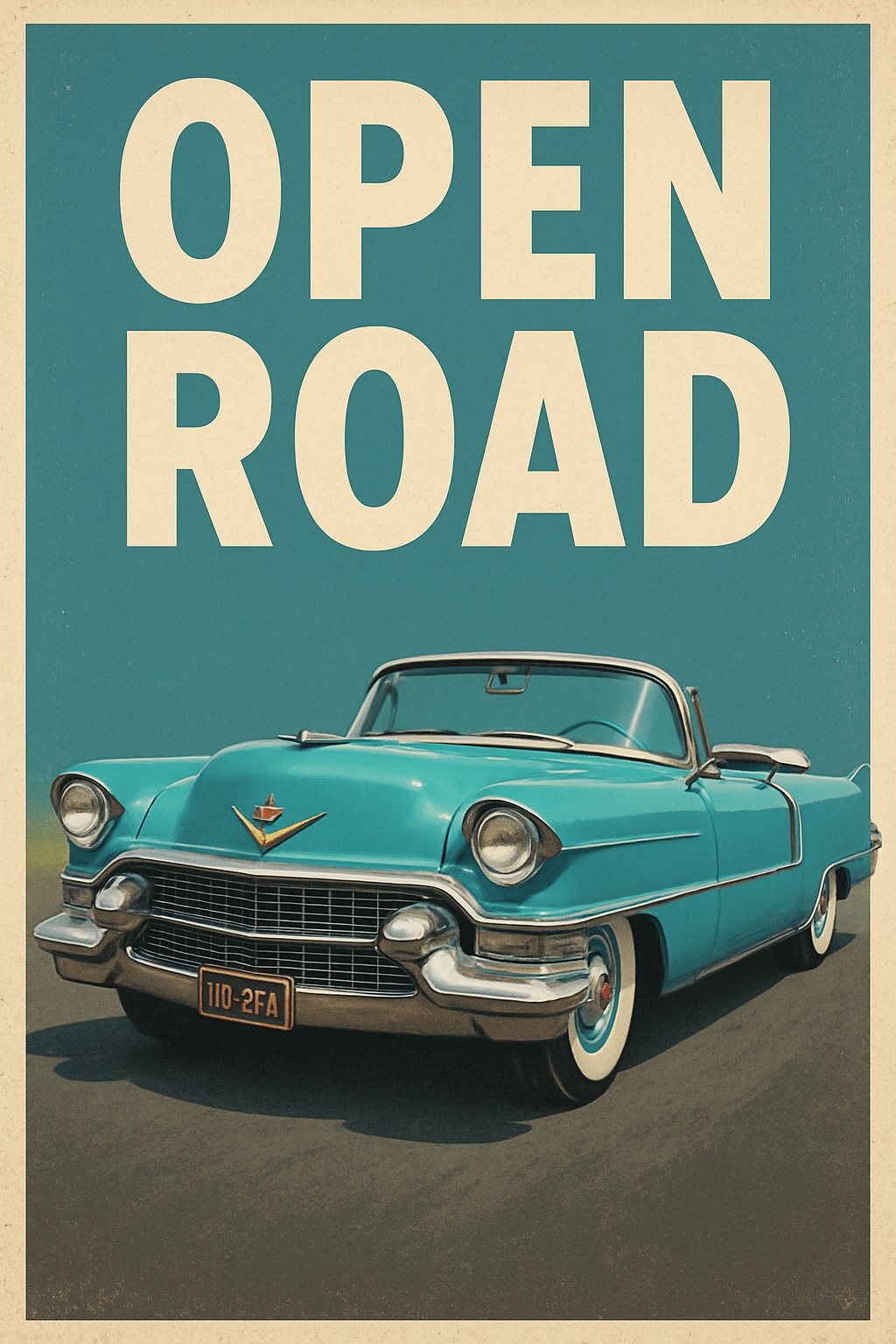 Vintage Turquoise Cadillac Convertible Open Road Poster