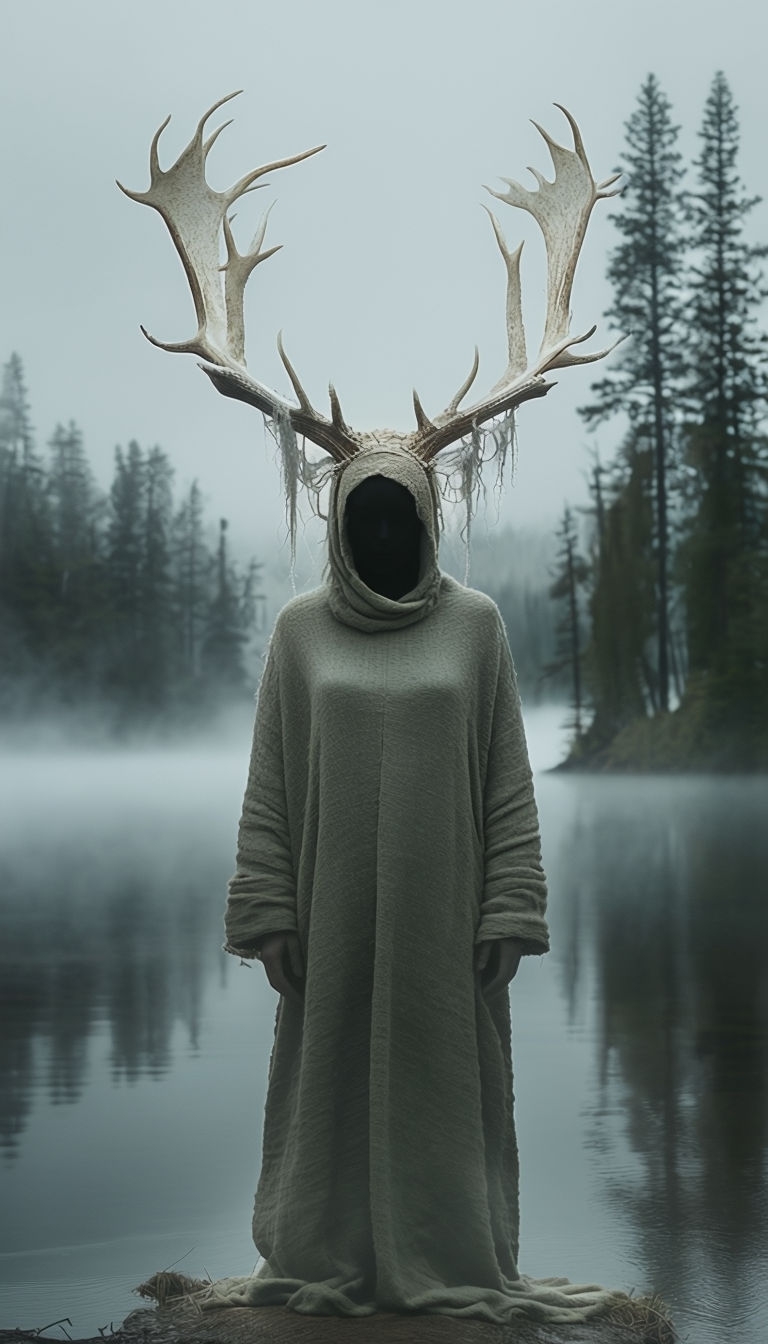 Ethereal Portrait of a Hooded Figure by Misty Northern Lake Mobile Wallpaper