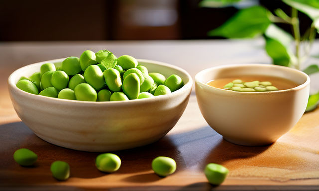 Realistic photo of One cup of Edamame beans and one cup of t... by YJ K ...